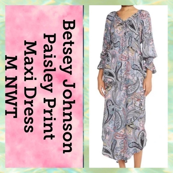 Betsey Johnson Dress Women’s M Maxi Paisley Print Multi Bishop Sleeves NWT - Picture 2 of 6